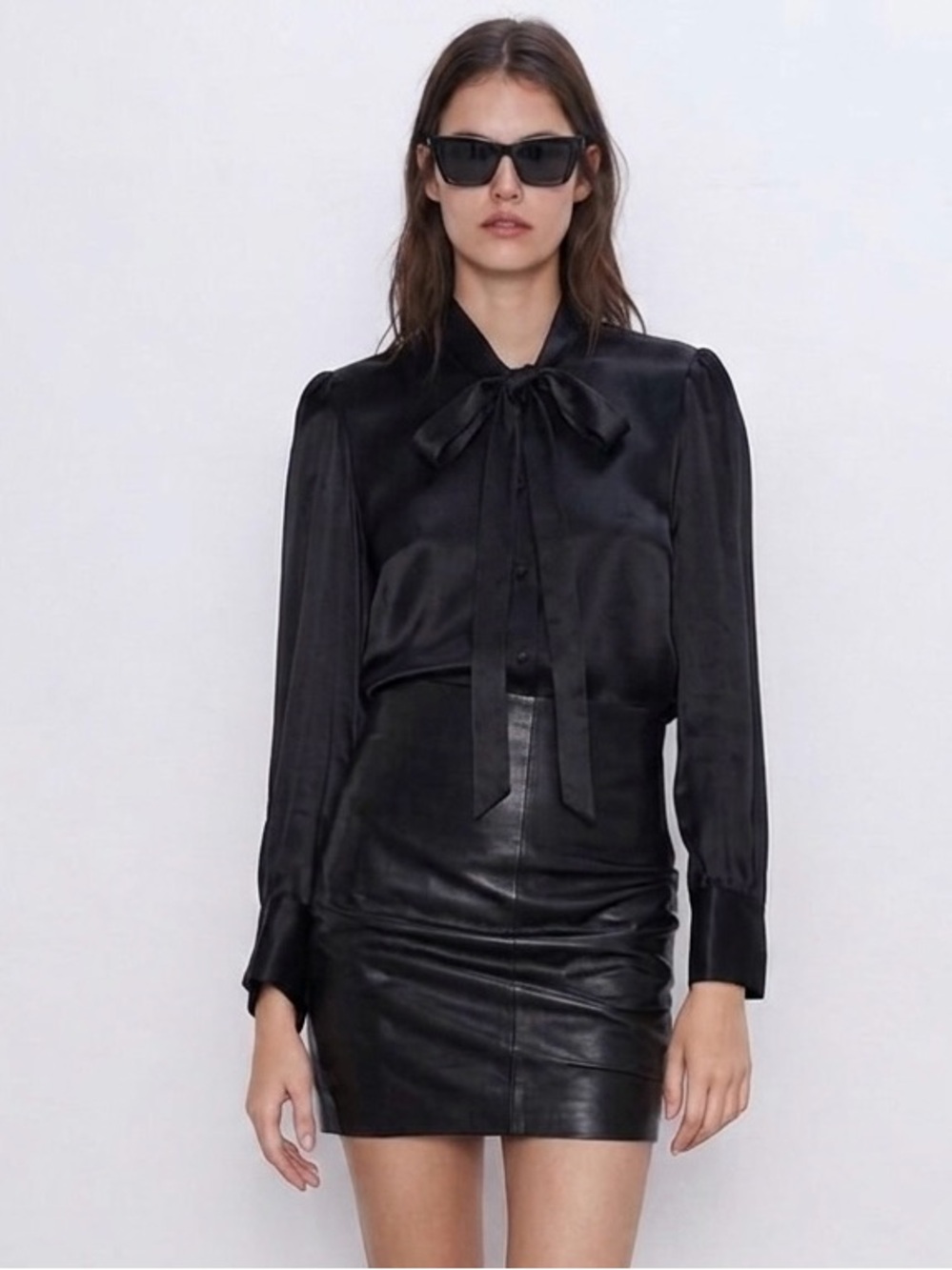 🤍 ZARA Black Satin Effect Bow Blouse sz XL